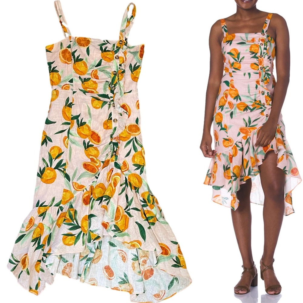 Parker Orange Fruit Print Ruffle Dress Womens 2 Pink Citrus Asymmetrical Hem